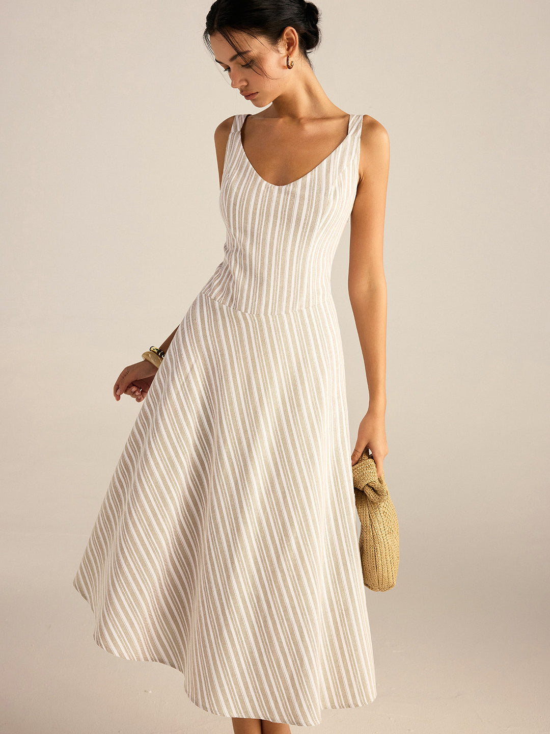 Striped Asymmetriccal Hem Midi Dress  Liora Lane Boutique Dresses Khaki / XL 44.00