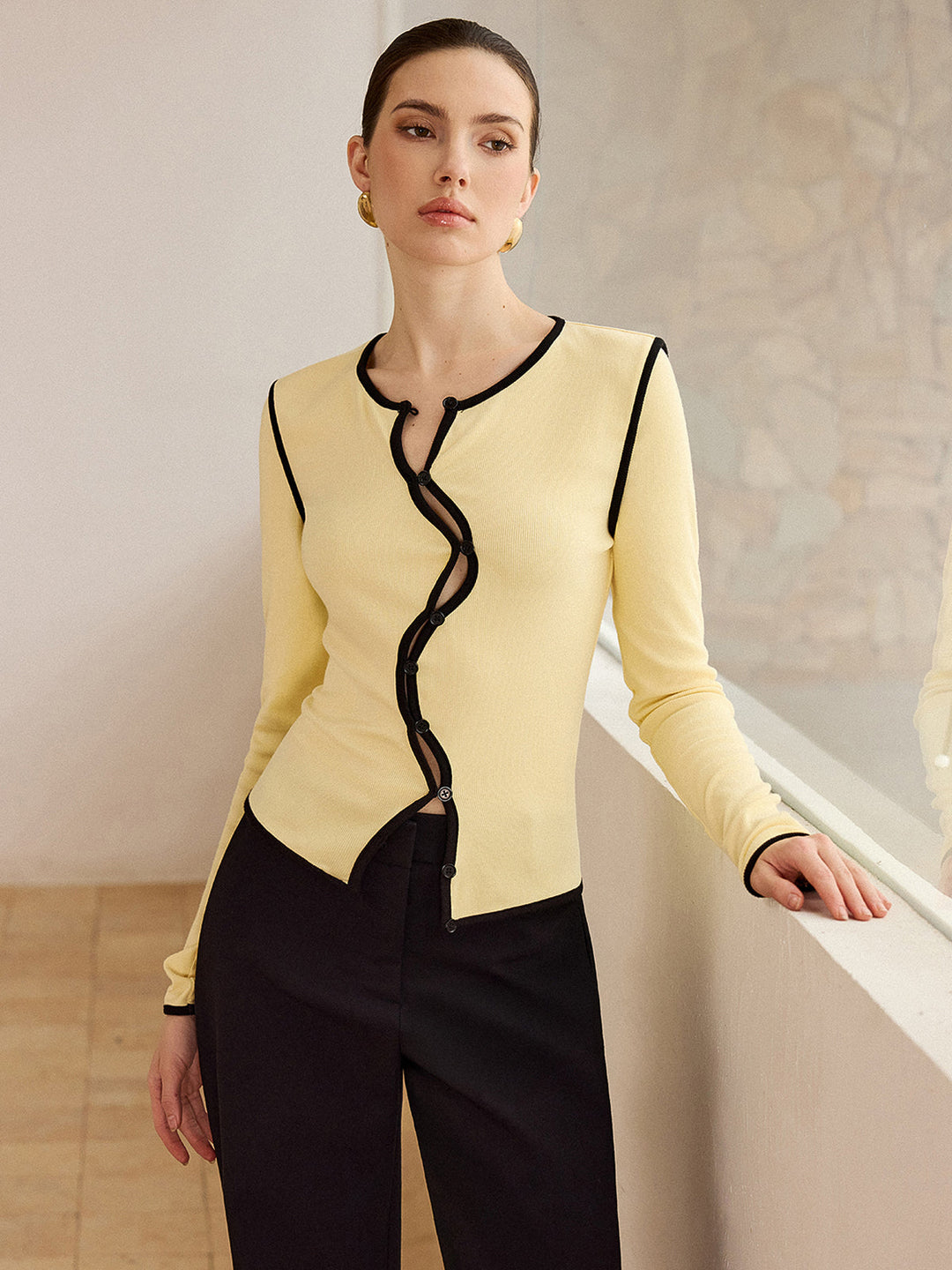 Asymmetric Contrast Trim Top  Liora Lane Boutique T-Shirts Yellow / XL 35.00