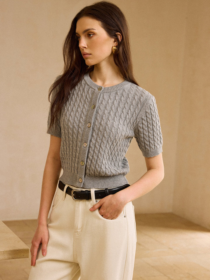 Cable Knit Short-Sleeve Cardigan  Liora Lane Boutique Cardigans Grey / XL 84.99