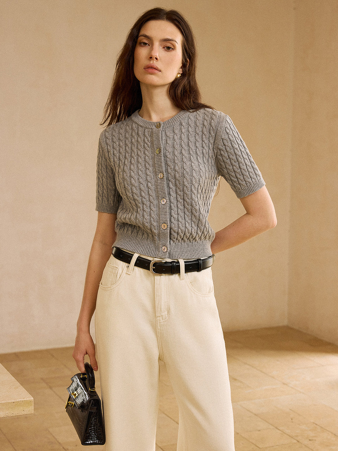 Cable Knit Short-Sleeve Cardigan  Liora Lane Boutique Cardigans