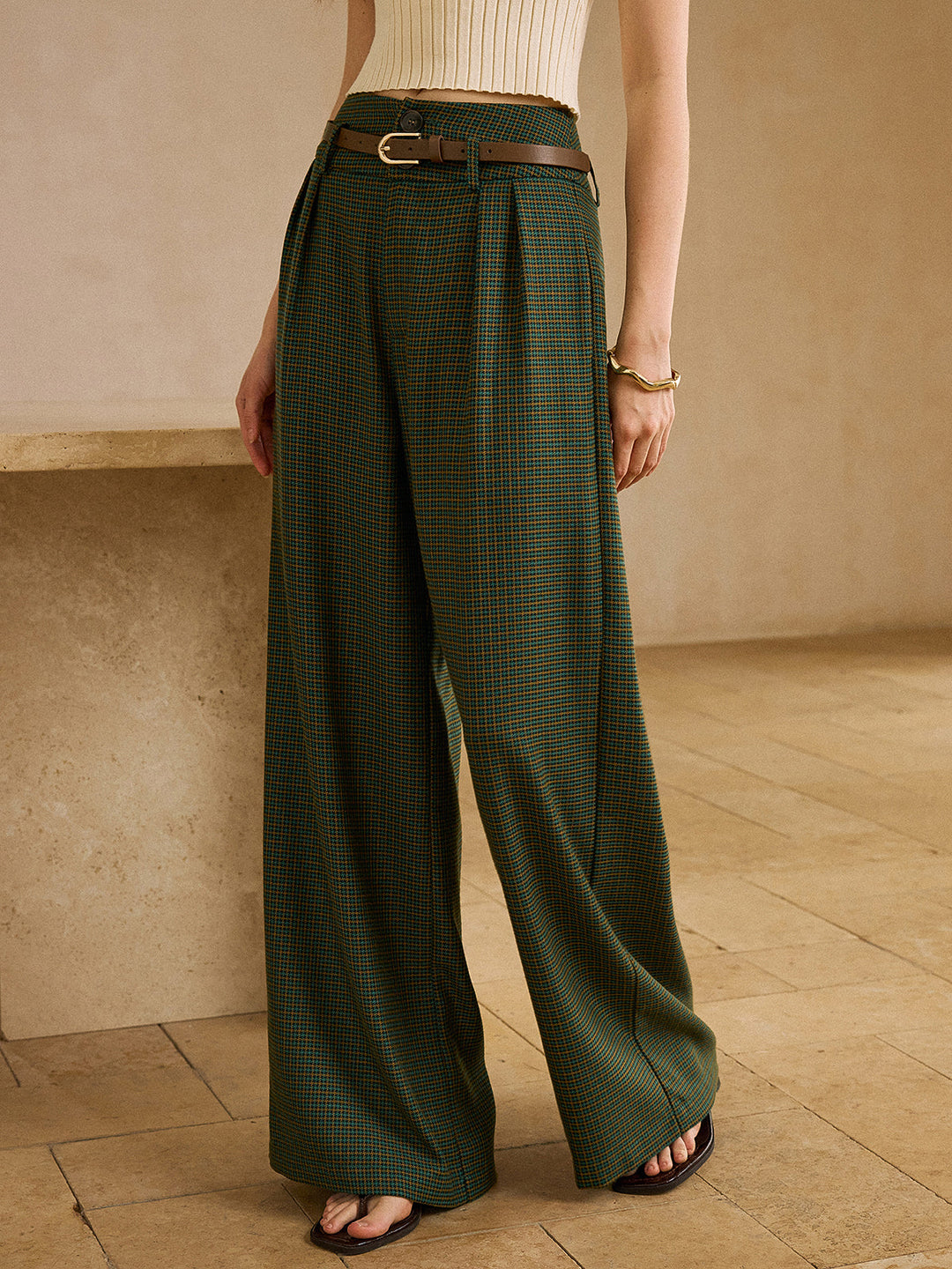 Vintage Plaid High-Waisted Pants with Belt  Liora Lane Boutique Pants Green / XL 56.00