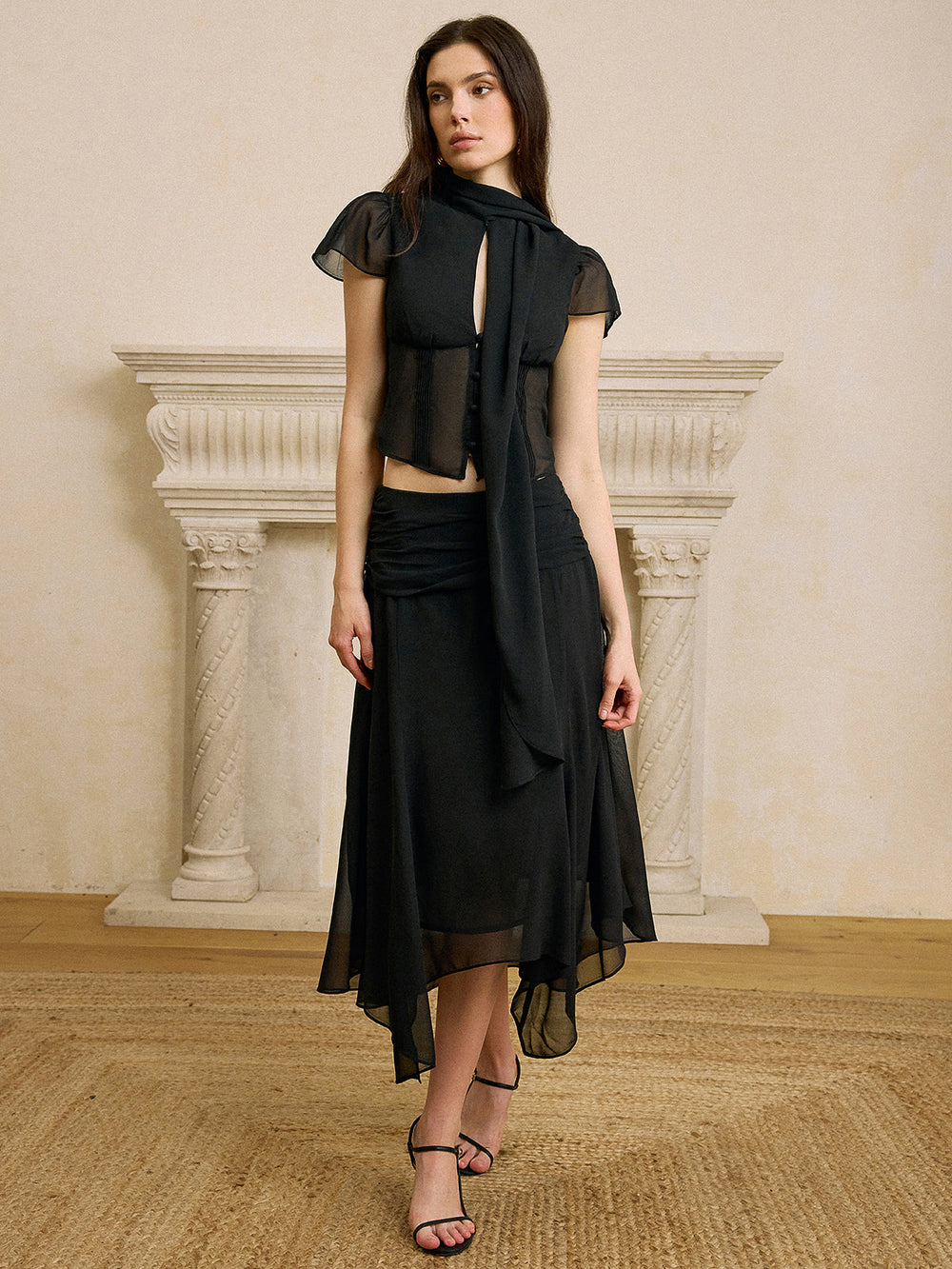 Scarf Neckline Chiffon Skirt Set  Liora Lane Boutique Skirt Sets
