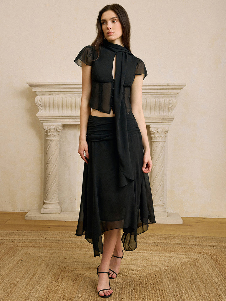 Scarf Neckline Chiffon Skirt Set  Liora Lane Boutique Skirt Sets