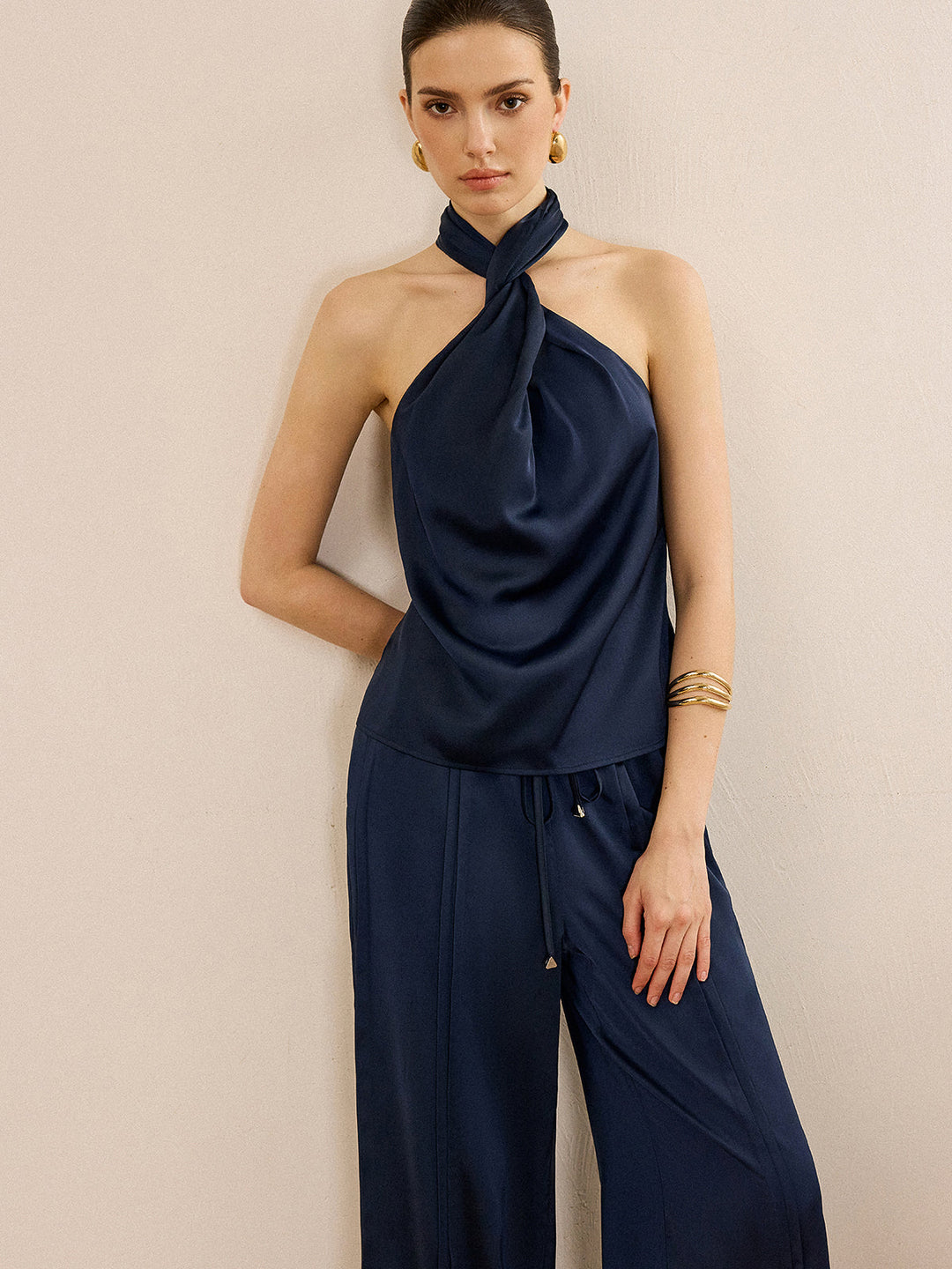 Satin Halter Neck Top and Wide-Leg Pants Set  Liora Lane Boutique Pant Sets Navy / XL 142.99