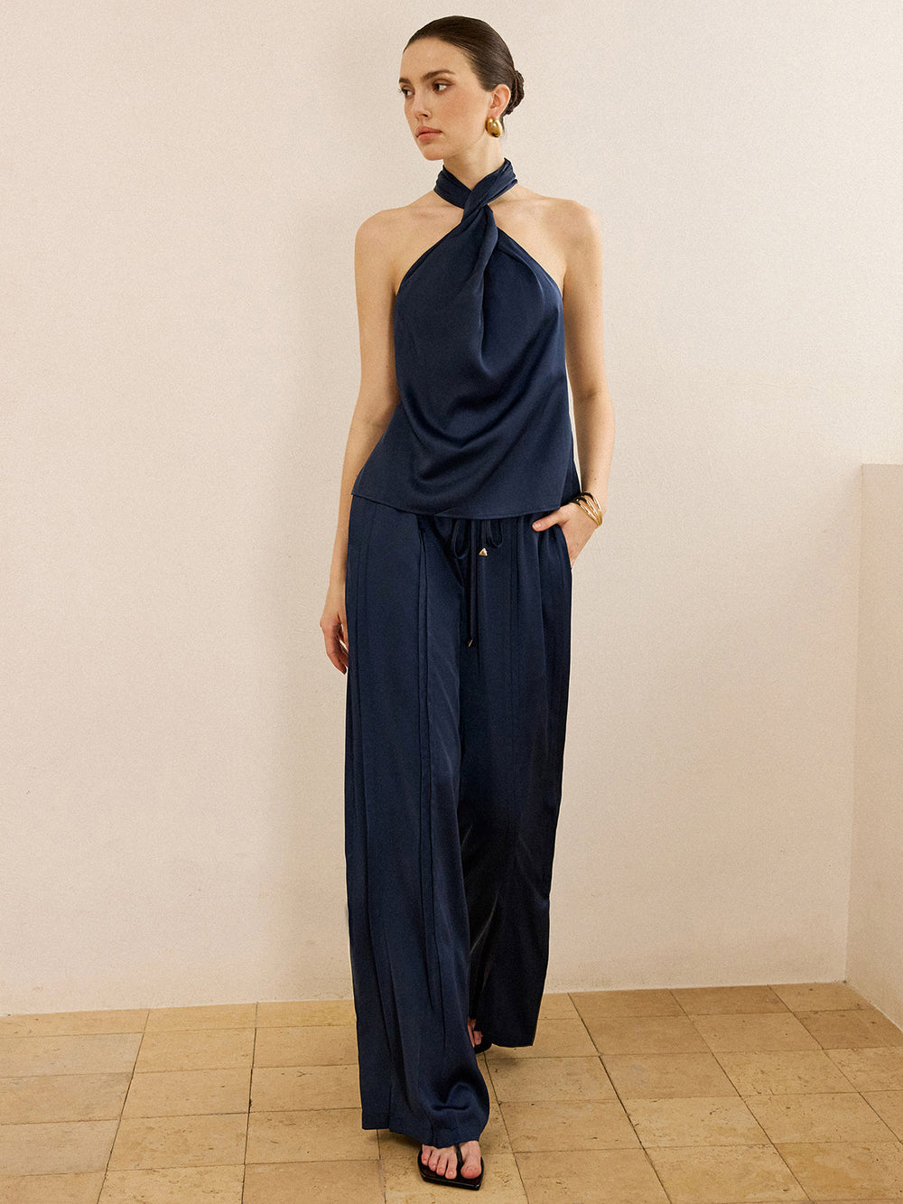 Satin Halter Neck Top and Wide-Leg Pants Set  Liora Lane Boutique Pant Sets