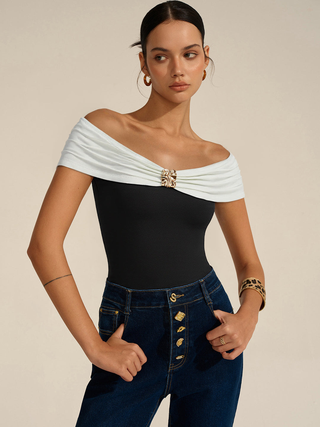 Metal Decor Off-Shoulder Bodysuit  Liora Lane Boutique Bodysuits Black / XL 25.00