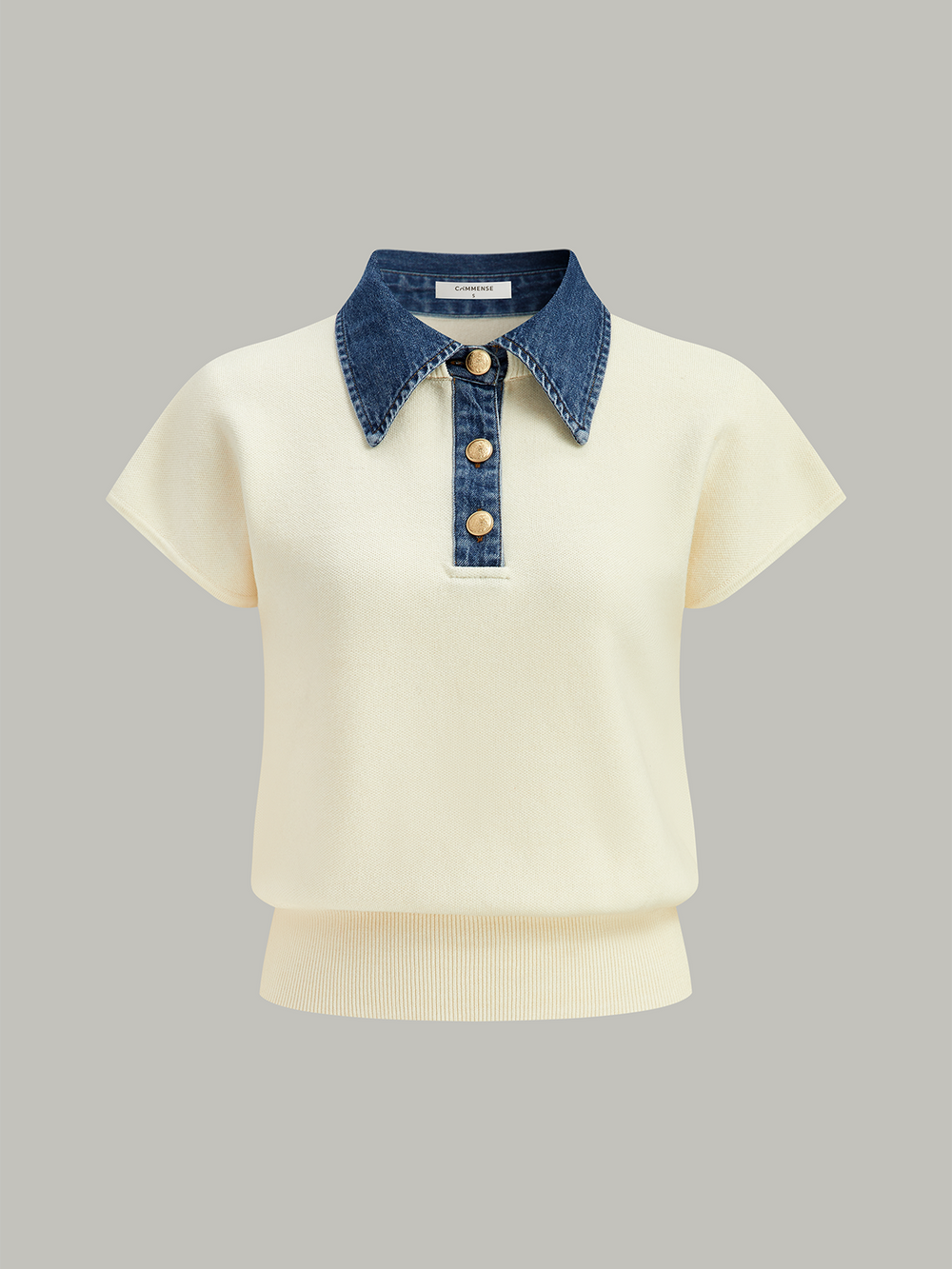 Denim Collar Cinched Knit Top  Liora Lane Boutique Knit Tops