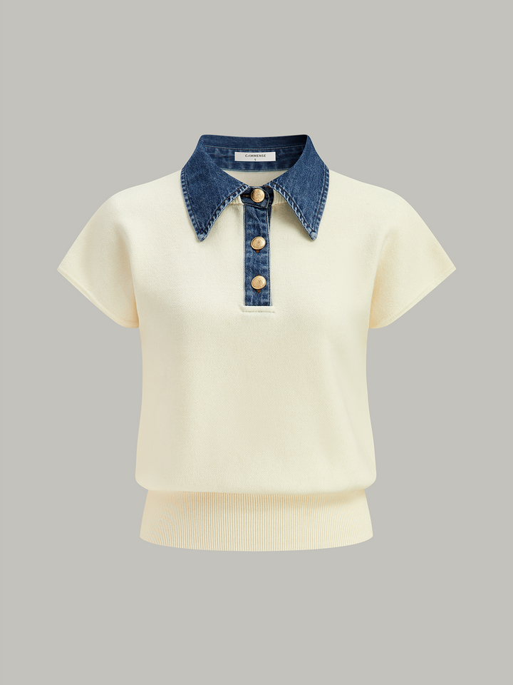 Denim Collar Cinched Knit Top  Liora Lane Boutique Knit Tops