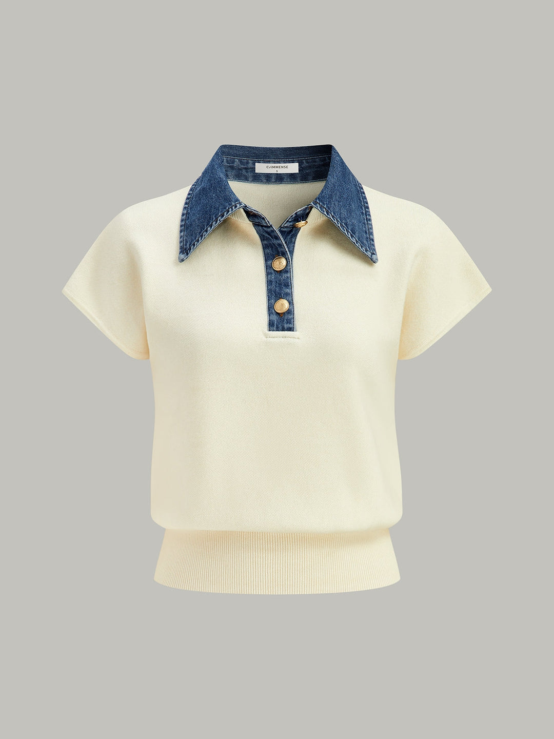 Denim Collar Cinched Knit Top  Liora Lane Boutique Knit Tops White / XL 52.00