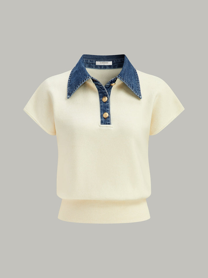 Denim Collar Cinched Knit Top  Liora Lane Boutique Knit Tops White / XL 52.00