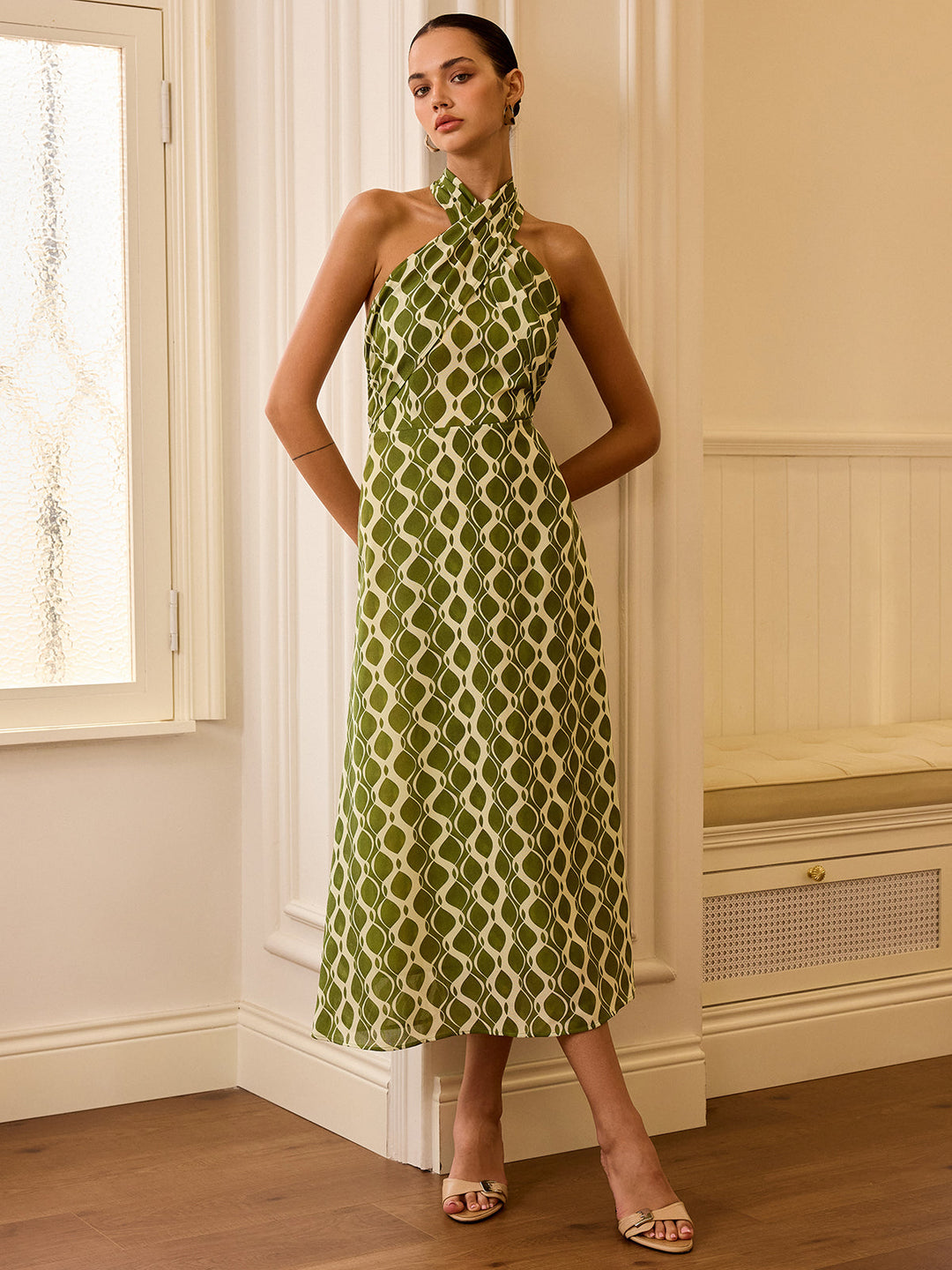 Halter Neck Printed Midi Dress  Liora Lane Boutique Dresses Green / XL 84.99