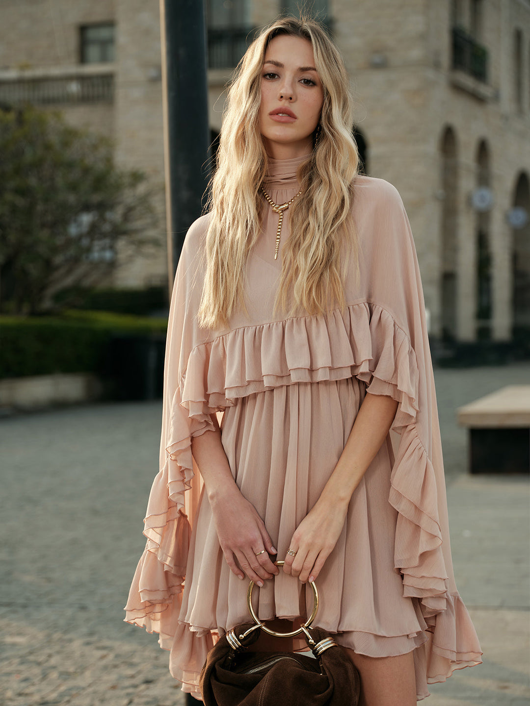 Semi-Sheer Chiffon Ruffle Dress With Outer Cape  Liora Lane Boutique Dresses Pink / XL 74.00