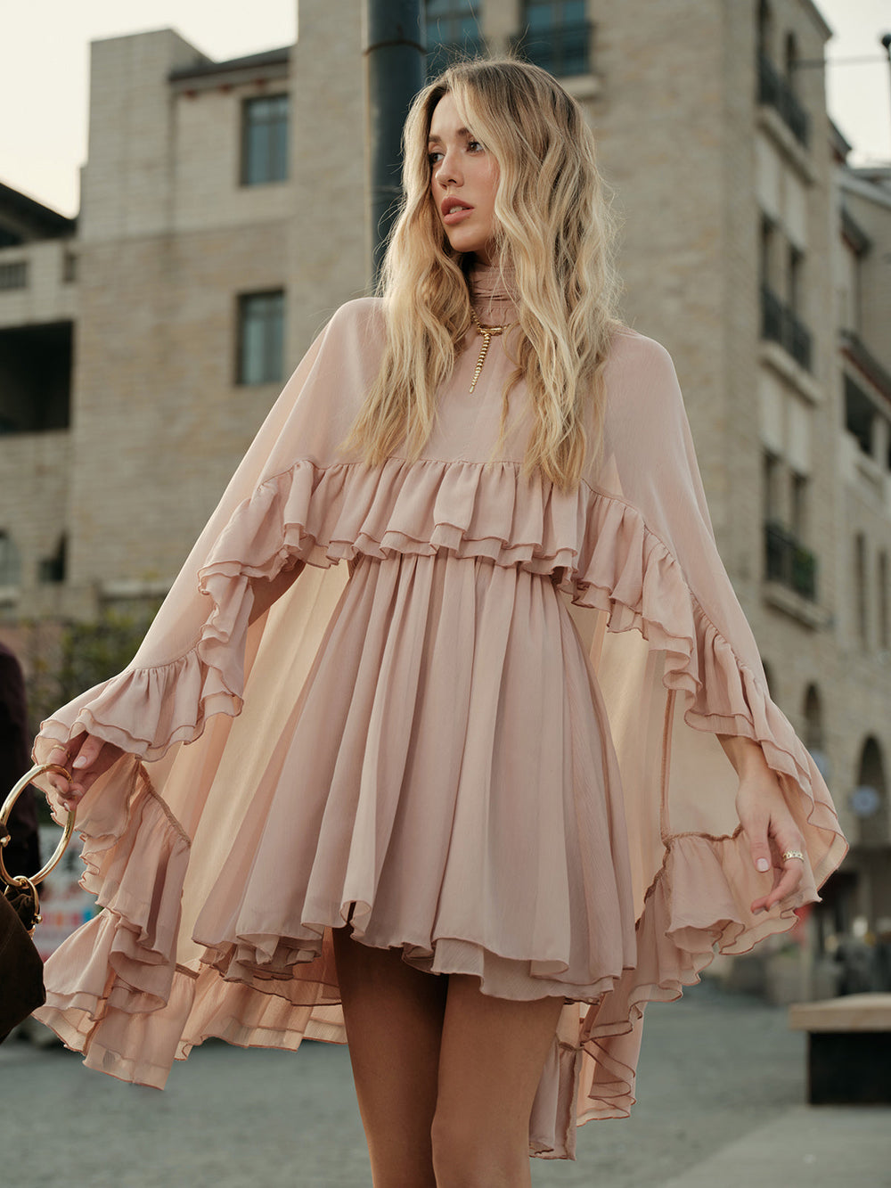 Semi-Sheer Chiffon Ruffle Dress With Outer Cape  Liora Lane Boutique Dresses