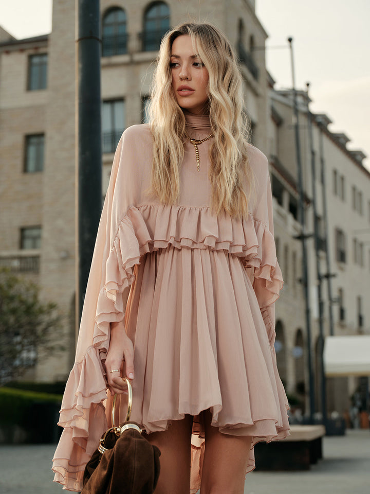 Semi-Sheer Chiffon Ruffle Dress With Outer Cape  Liora Lane Boutique Dresses