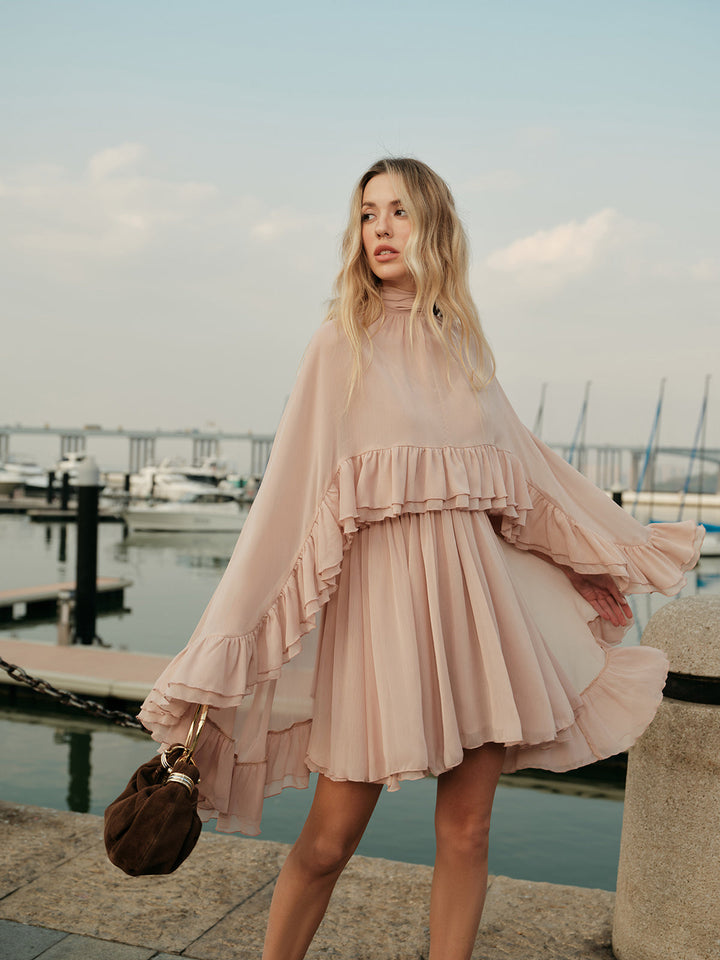 Semi-Sheer Chiffon Ruffle Dress With Outer Cape  Liora Lane Boutique Dresses
