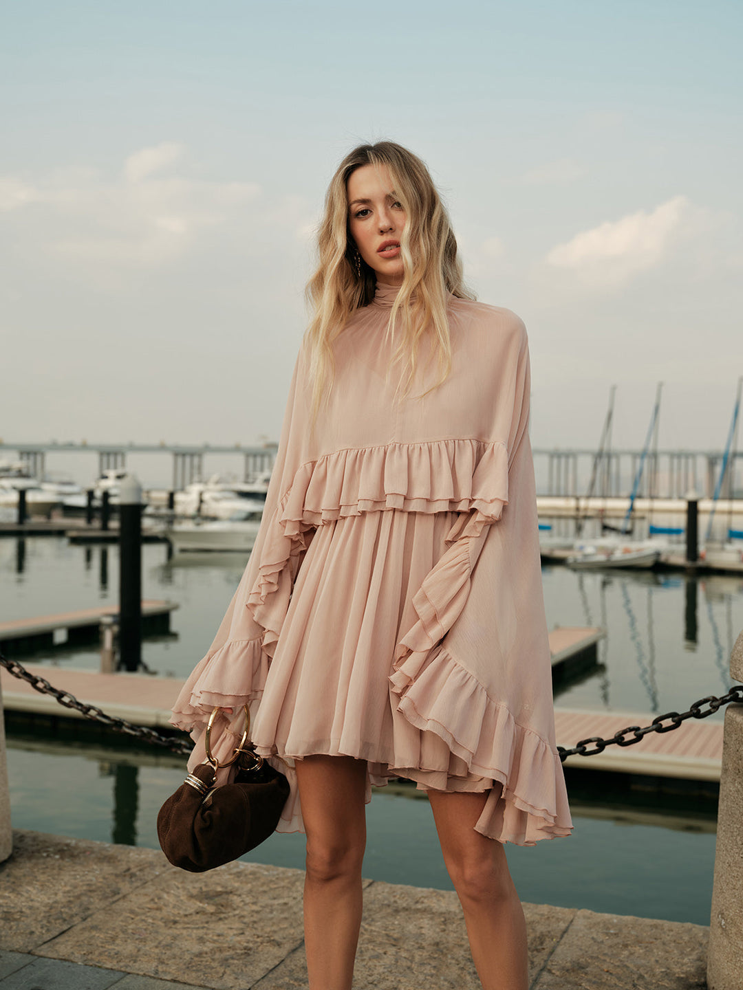 Semi-Sheer Chiffon Ruffle Dress With Outer Cape  Liora Lane Boutique Dresses