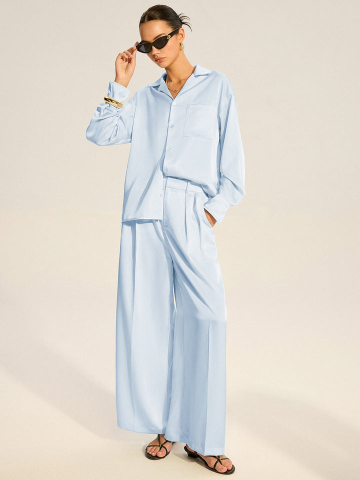 Oversized Pocket Satin Shirt and Pleated Pants Set  Liora Lane Boutique Pant Sets