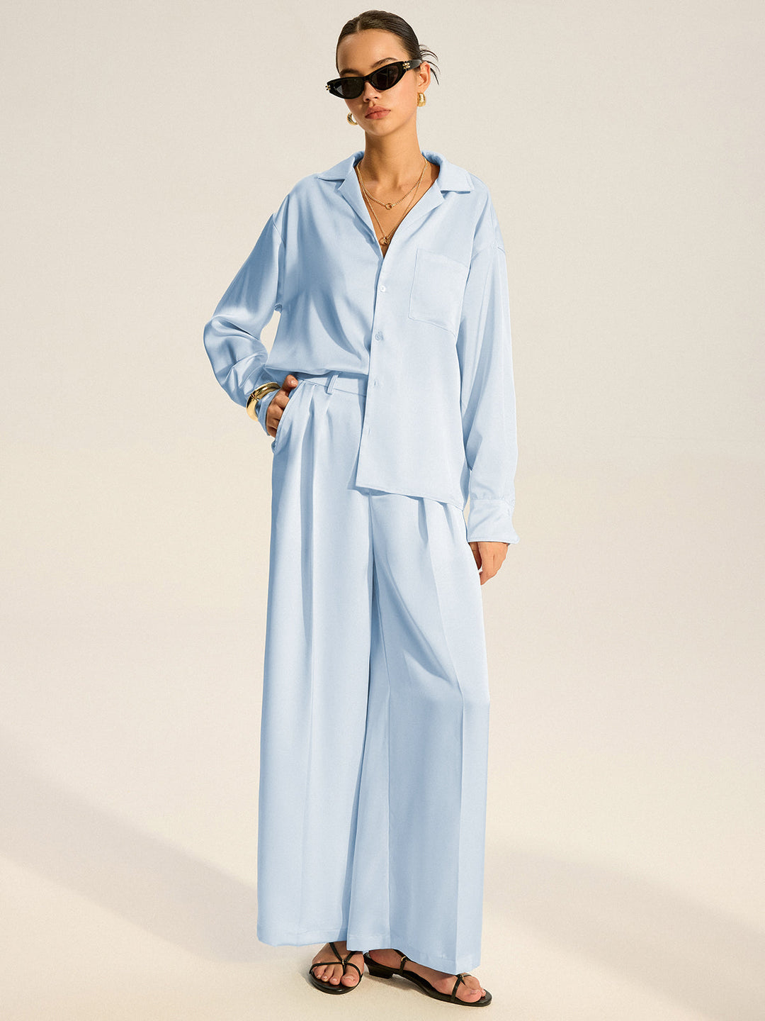 Oversized Pocket Satin Shirt and Pleated Pants Set  Liora Lane Boutique Pant Sets Blue / XL 168.99