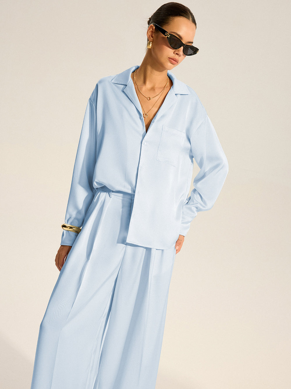 Oversized Pocket Satin Shirt and Pleated Pants Set  Liora Lane Boutique Pant Sets
