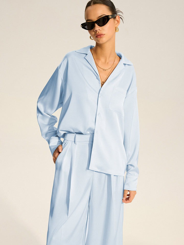 Oversized Pocket Satin Shirt and Pleated Pants Set  Liora Lane Boutique Pant Sets