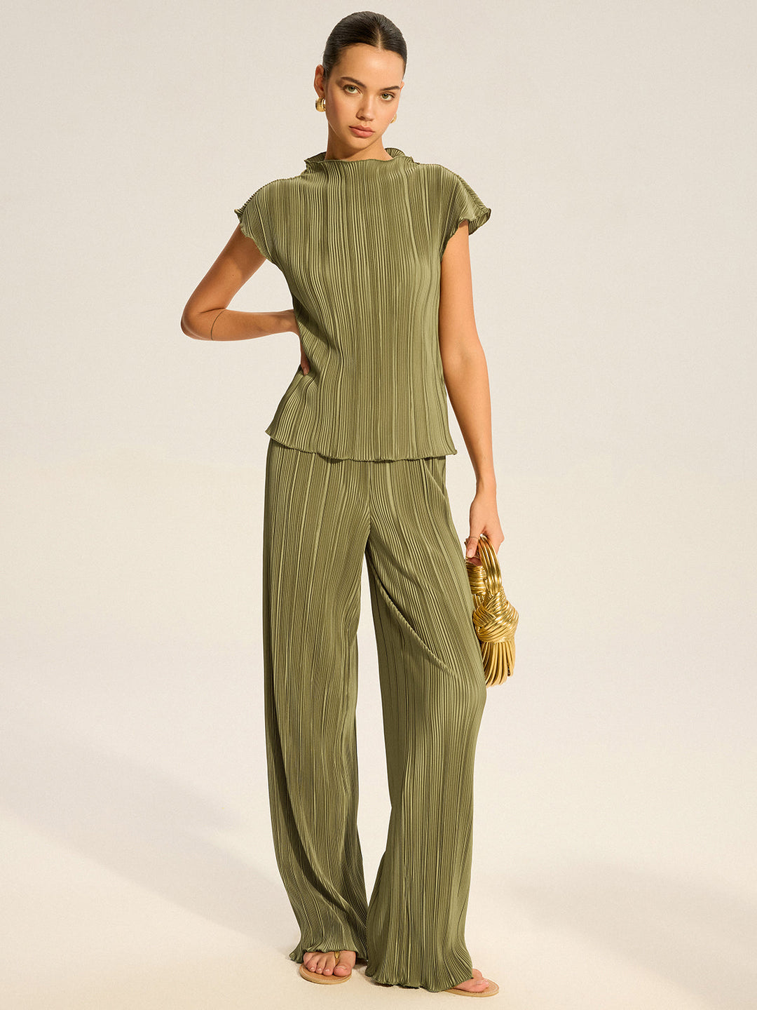 Pleated Top and Wide-Leg Pants Set  Liora Lane Boutique Pant Sets Olive / XL 127.99