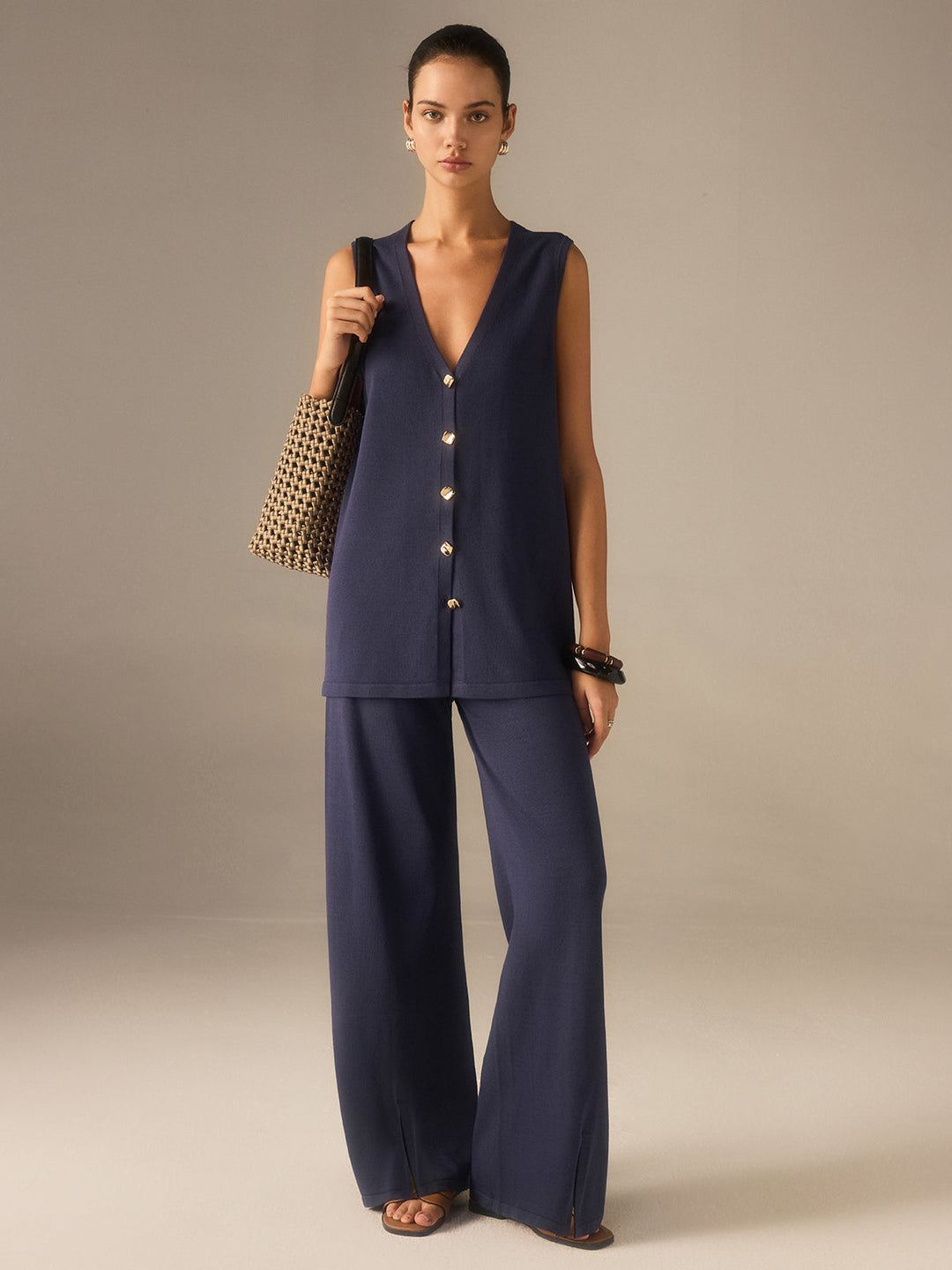 Golden Button Knit Vest Pants Set  Liora Lane Boutique Sweater Co-ords