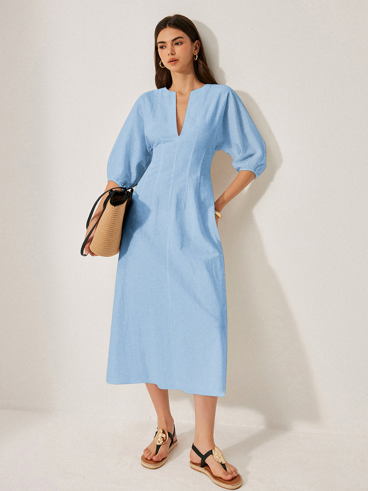 Cotton & Linen Puff Sleeve Dress Without Belt  Liora Lane Boutique Dresses Blue / XL 49.00