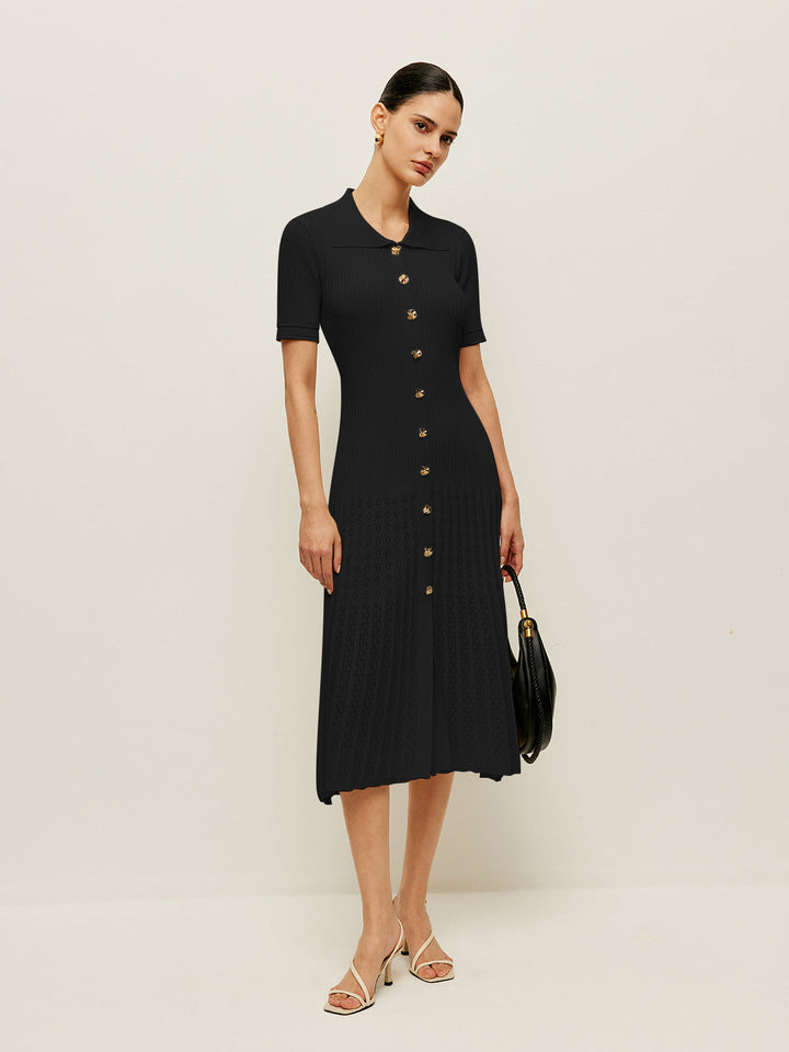 Knit Hollow Buttoned Polo Dress  Liora Lane Boutique Knit Dresses Black / XL 84.99