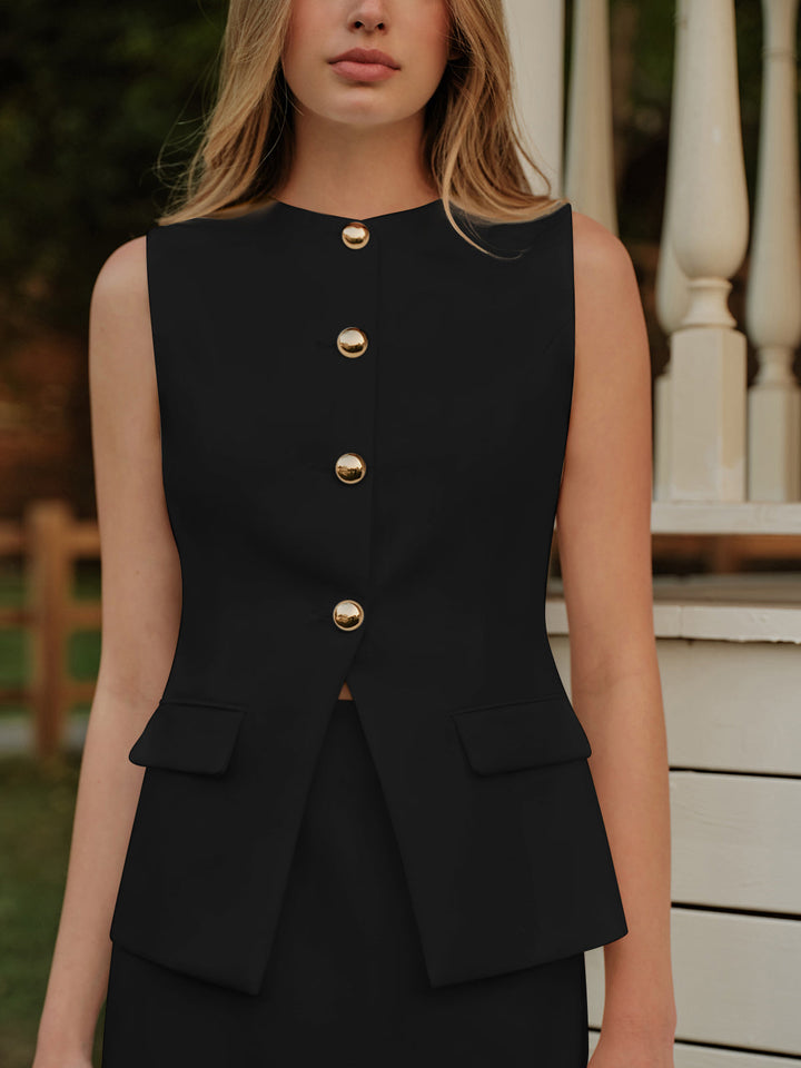 Elegant Metal Button Split Vest and Skirt Set  Liora Lane Boutique Skirt Sets