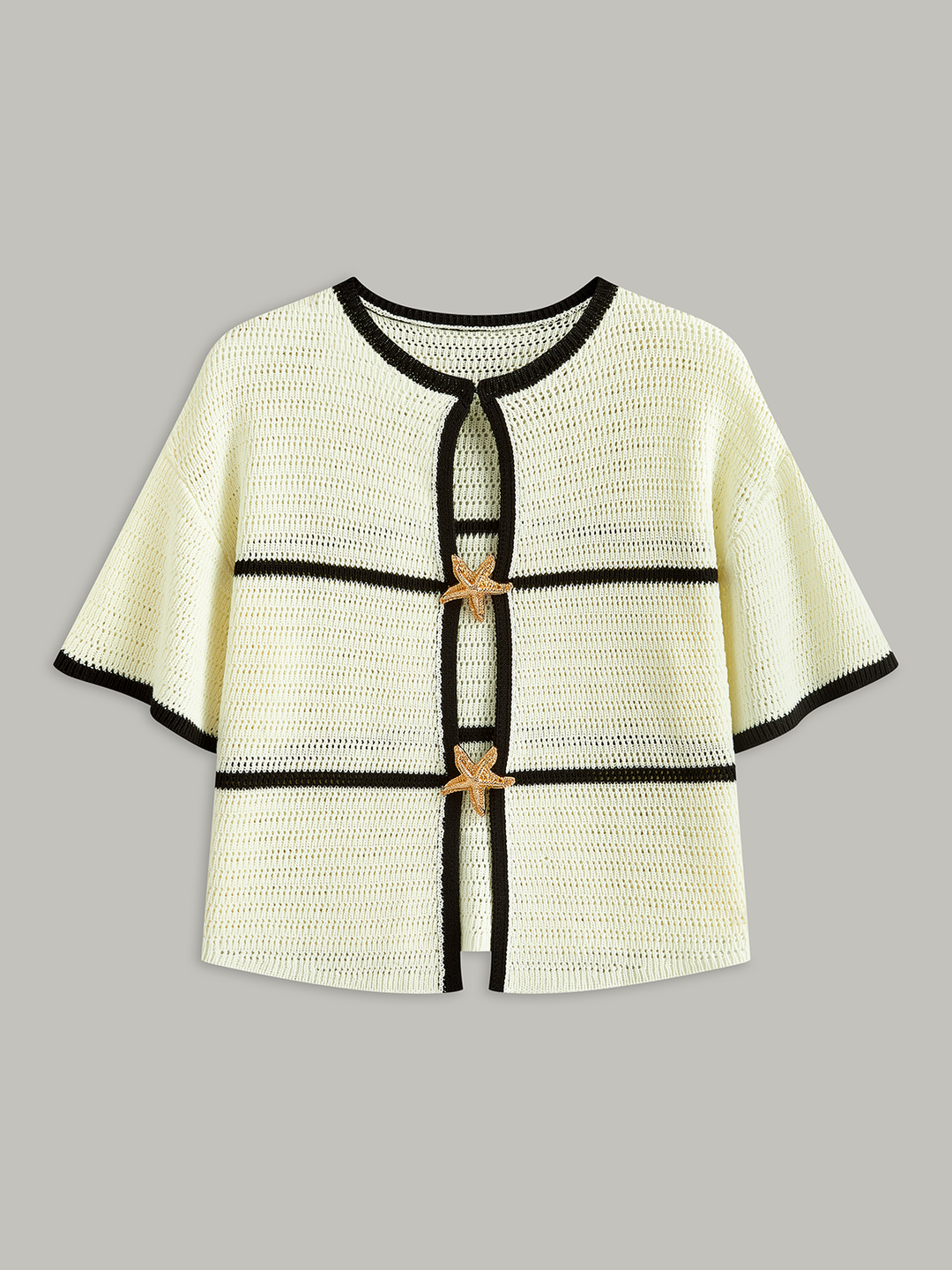 Contrast Trim Starfish Button Knitted Top  Liora Lane Boutique Knit Tops White / XL 99.99