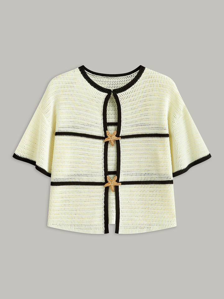 Contrast Trim Starfish Button Knitted Top  Liora Lane Boutique Knit Tops White / XL 99.99