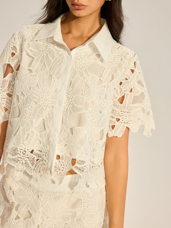 Lace Crochet Cut-Out Top and Wide-Leg Pants Set  Liora Lane Boutique Pant Sets