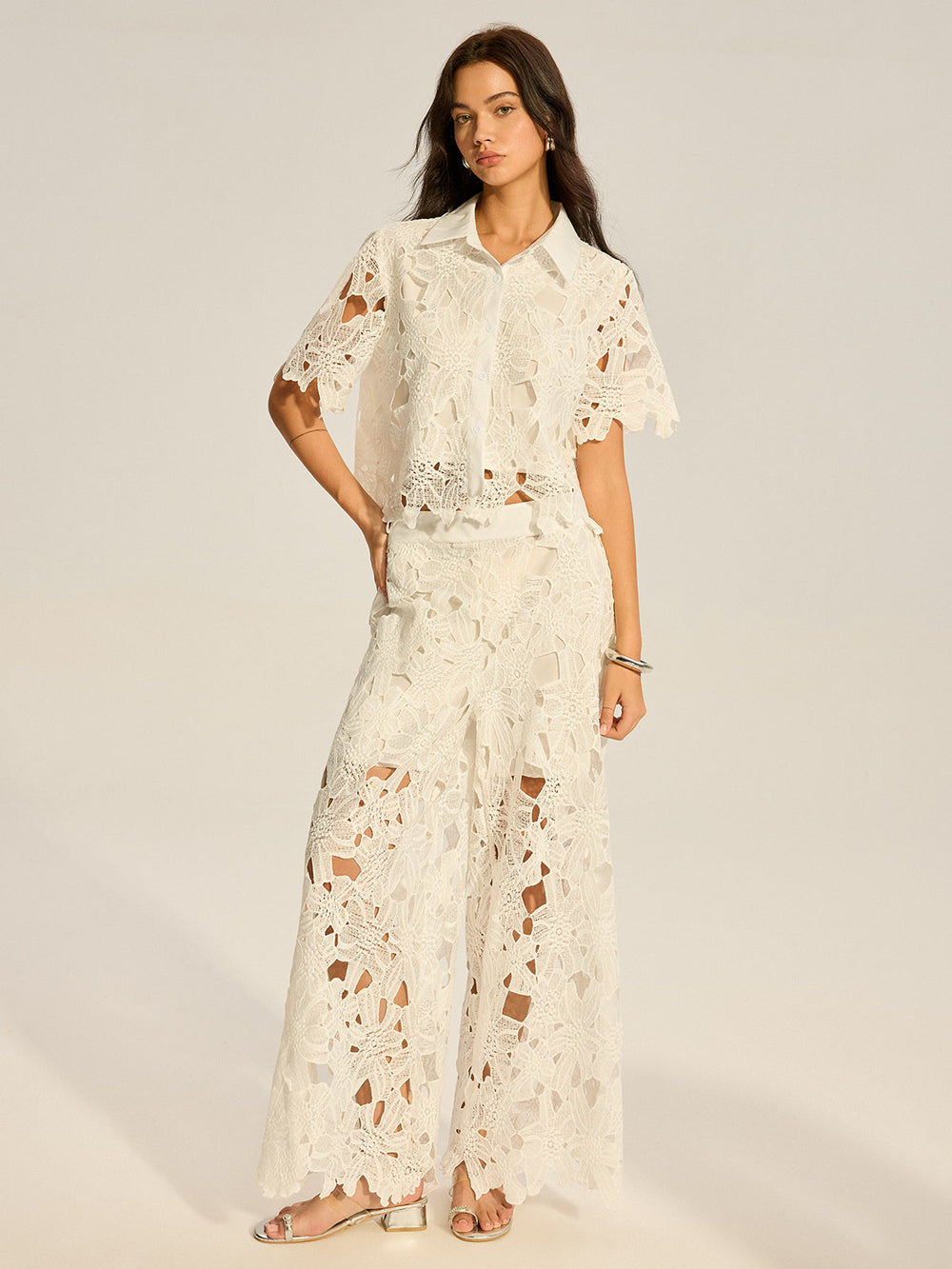 Lace Crochet Cut-Out Top and Wide-Leg Pants Set  Liora Lane Boutique Pant Sets