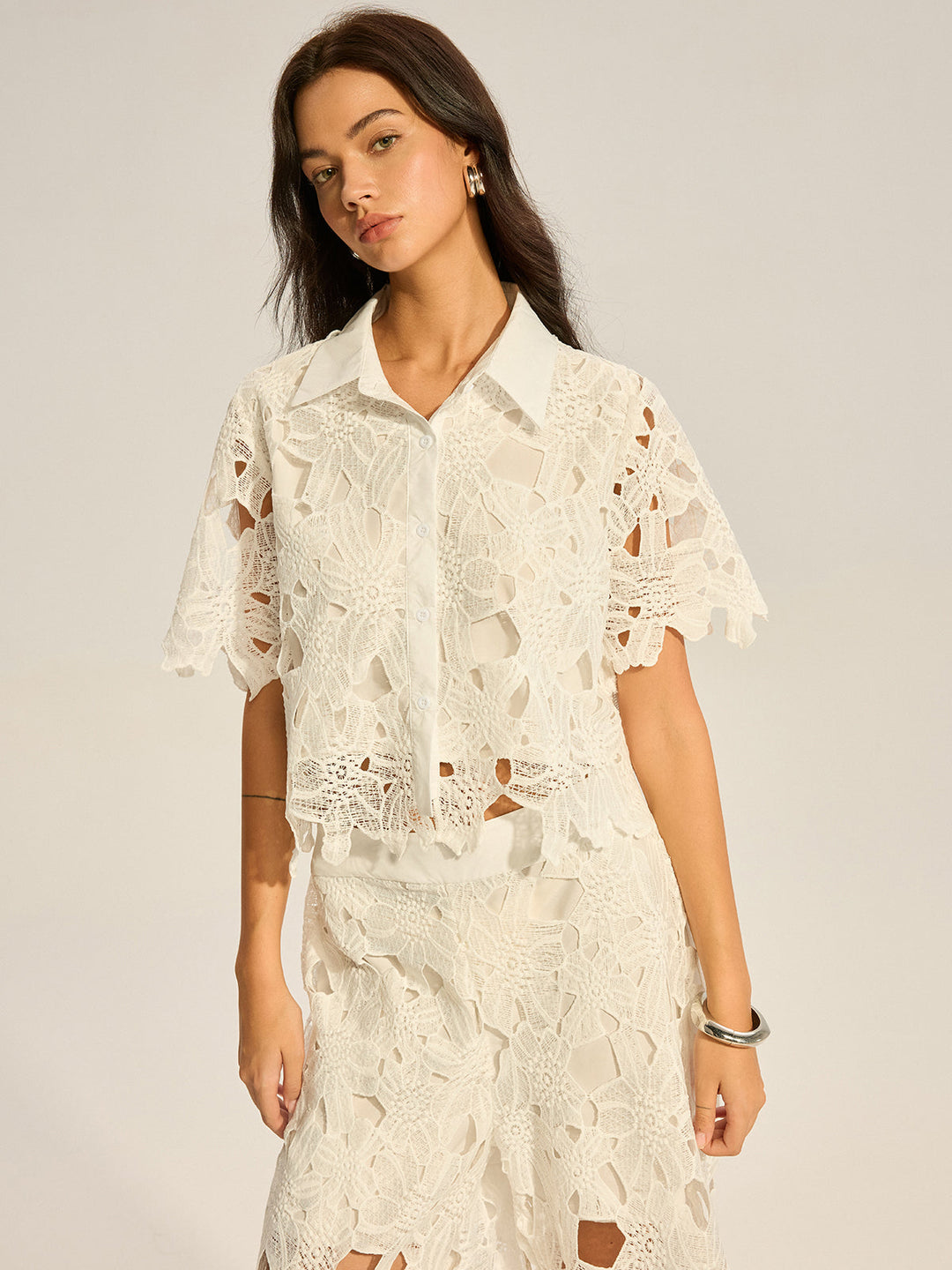 Lace Crochet Cut-Out Top and Wide-Leg Pants Set  Liora Lane Boutique Pant Sets