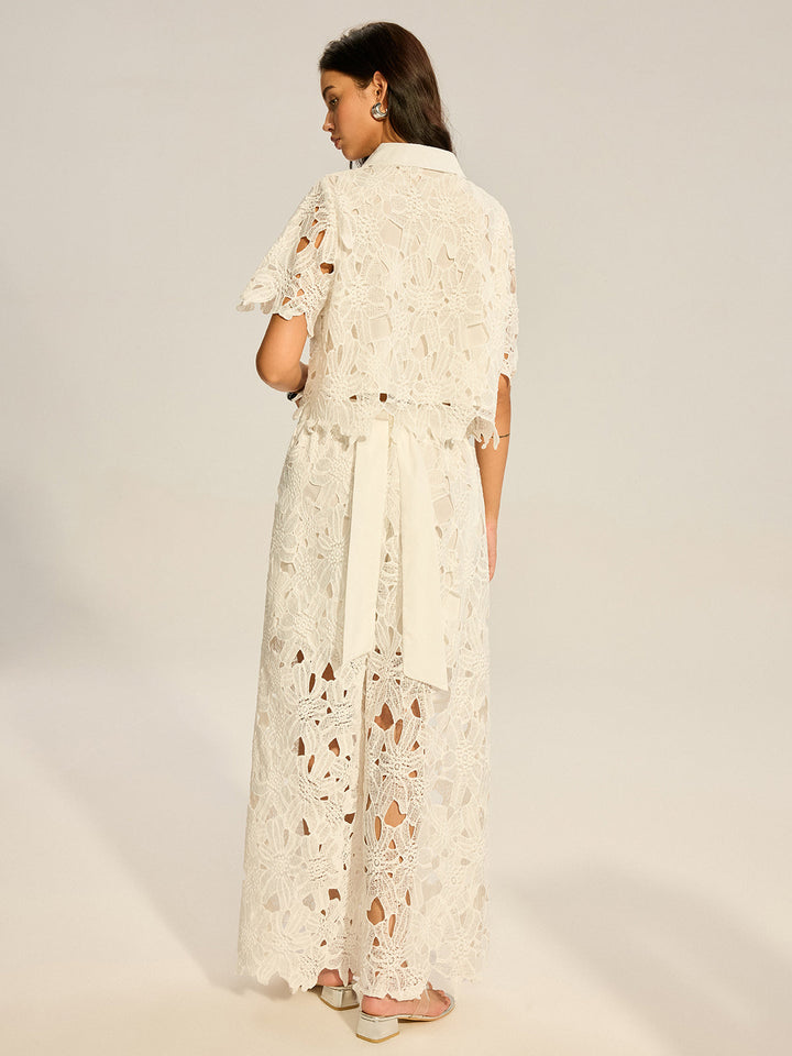 Lace Crochet Cut-Out Top and Wide-Leg Pants Set  Liora Lane Boutique Pant Sets