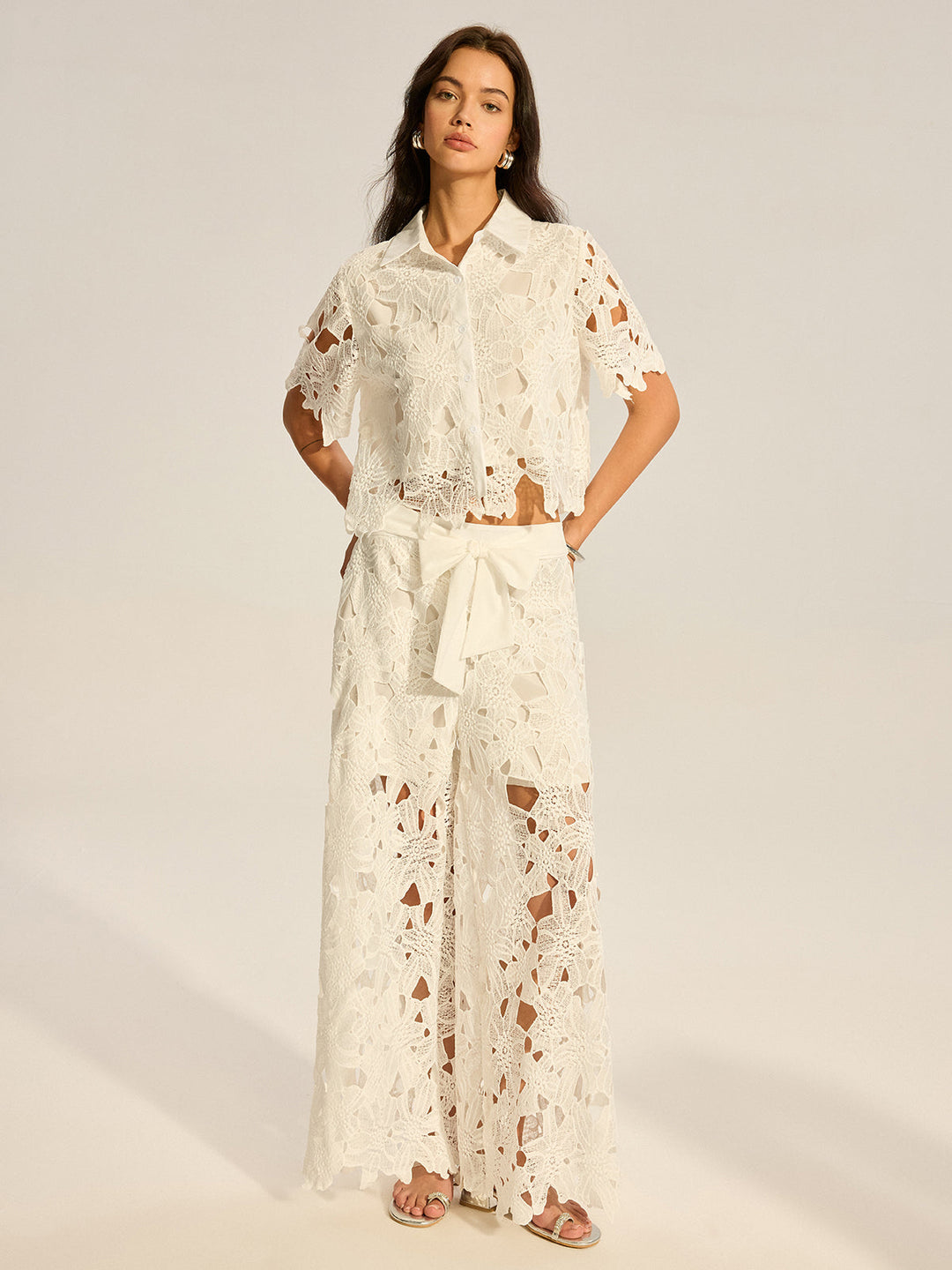 Lace Crochet Cut-Out Top and Wide-Leg Pants Set  Liora Lane Boutique Pant Sets White / XL 177.99