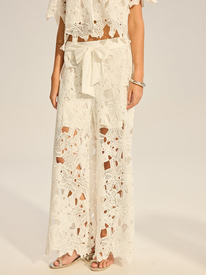 Lace Crochet Cut-Out Top and Wide-Leg Pants Set  Liora Lane Boutique Pant Sets