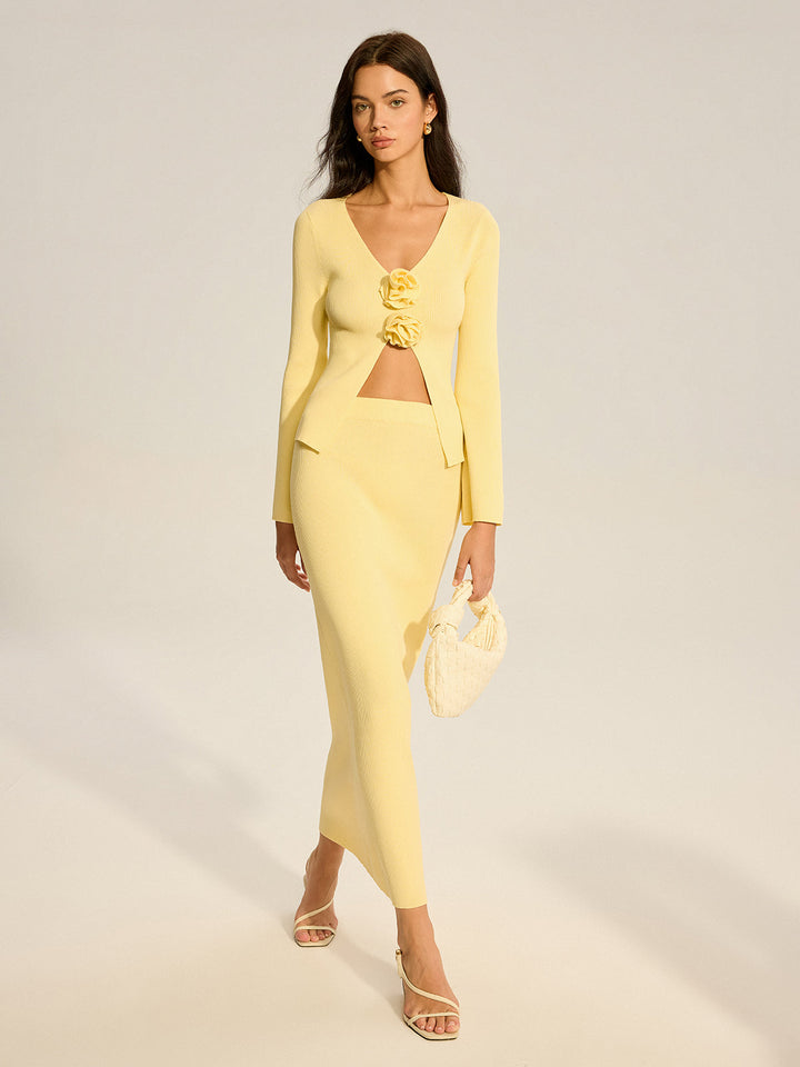 Floral Accent Cut-Out Sweater Co-ord  Liora Lane Boutique Sweater Co-ords Yellow / XL 84.00