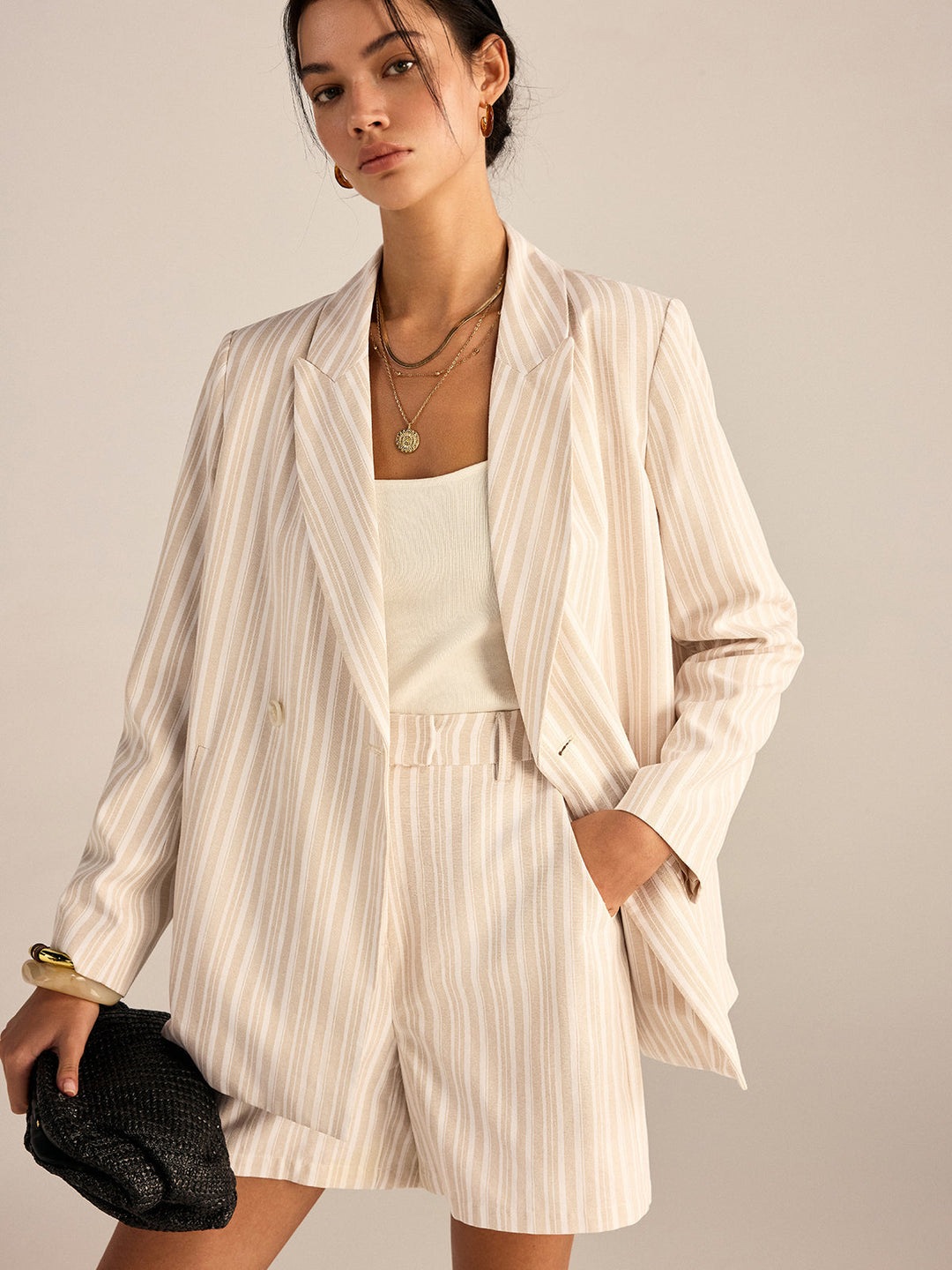 Striped Double-Breasted Blazer  Liora Lane Boutique Blazers Khaki / XL 155.00