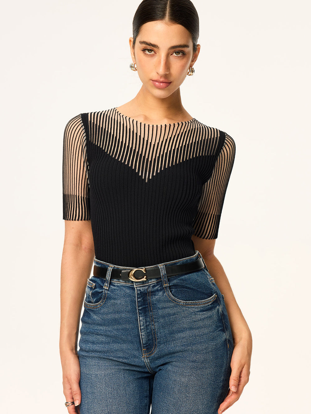 Sheer Striped Panel Ribbed Knit Top  Liora Lane Boutique Sweaters
