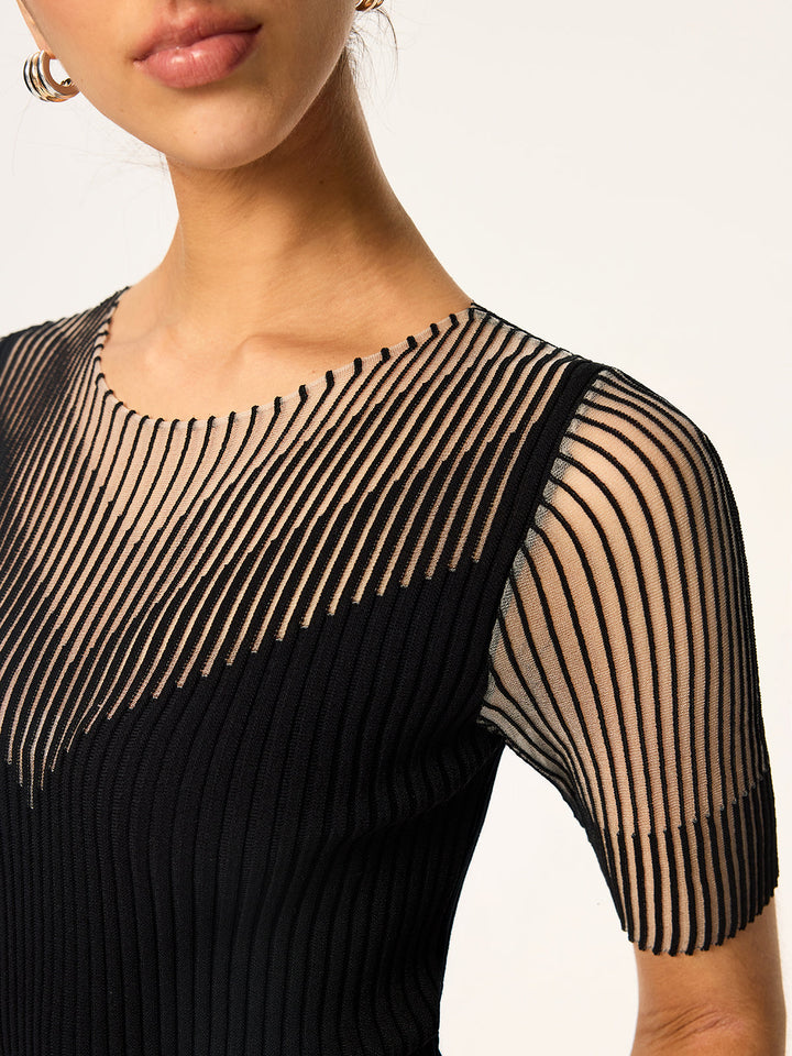 Sheer Striped Panel Ribbed Knit Top  Liora Lane Boutique Sweaters