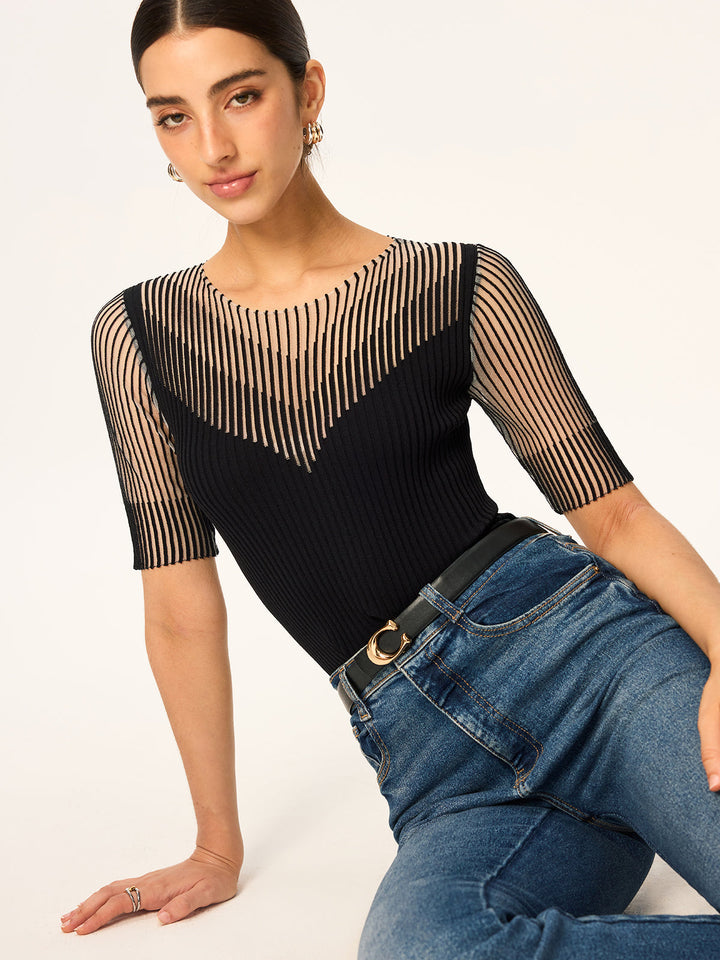 Sheer Striped Panel Ribbed Knit Top  Liora Lane Boutique Sweaters