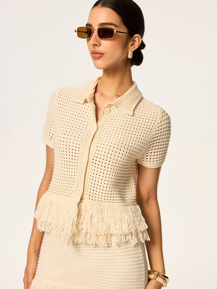 Fringed Mesh-Knit Polo Short Sleeve Top  Liora Lane Boutique Cardigans
