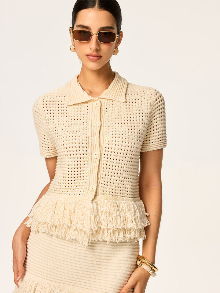 Fringed Mesh-Knit Polo Short Sleeve Top  Liora Lane Boutique Cardigans