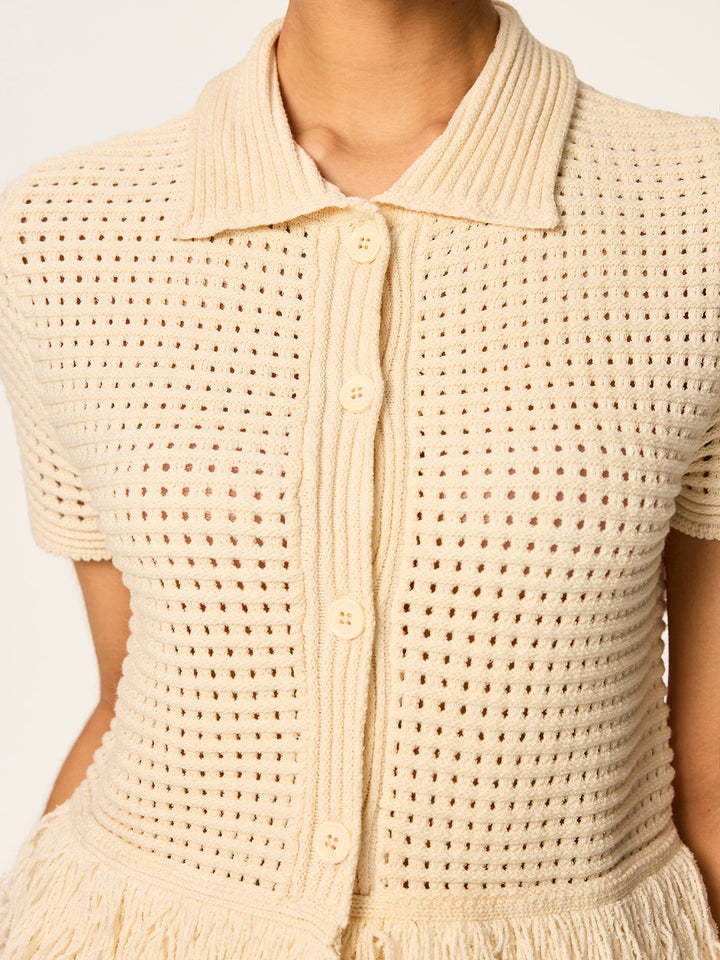 Fringed Mesh-Knit Polo Short Sleeve Top  Liora Lane Boutique Cardigans