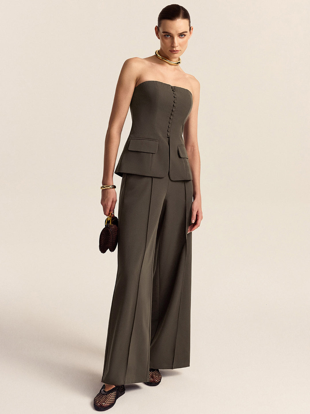 Strapless Top and Wide-Leg Pants Set  Liora Lane Boutique Pant Sets Brown / XL 157.99