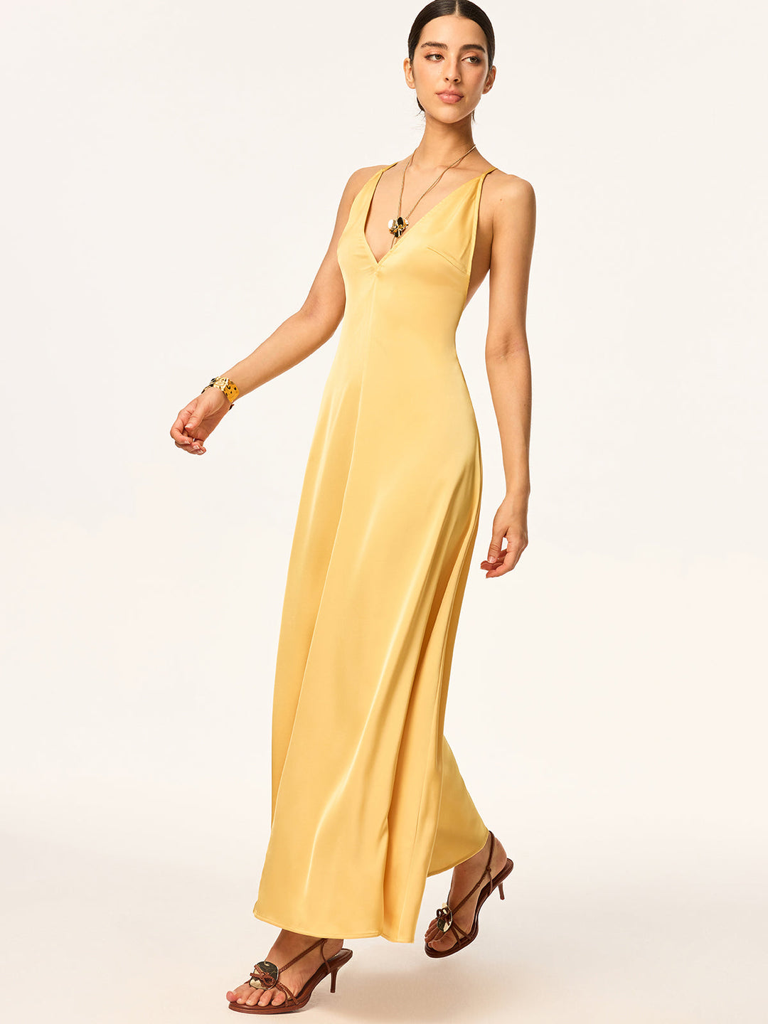 Crisscross Strap Backless Satin Maxi Dress  Liora Lane Boutique Dresses Yellow / XL 36.00