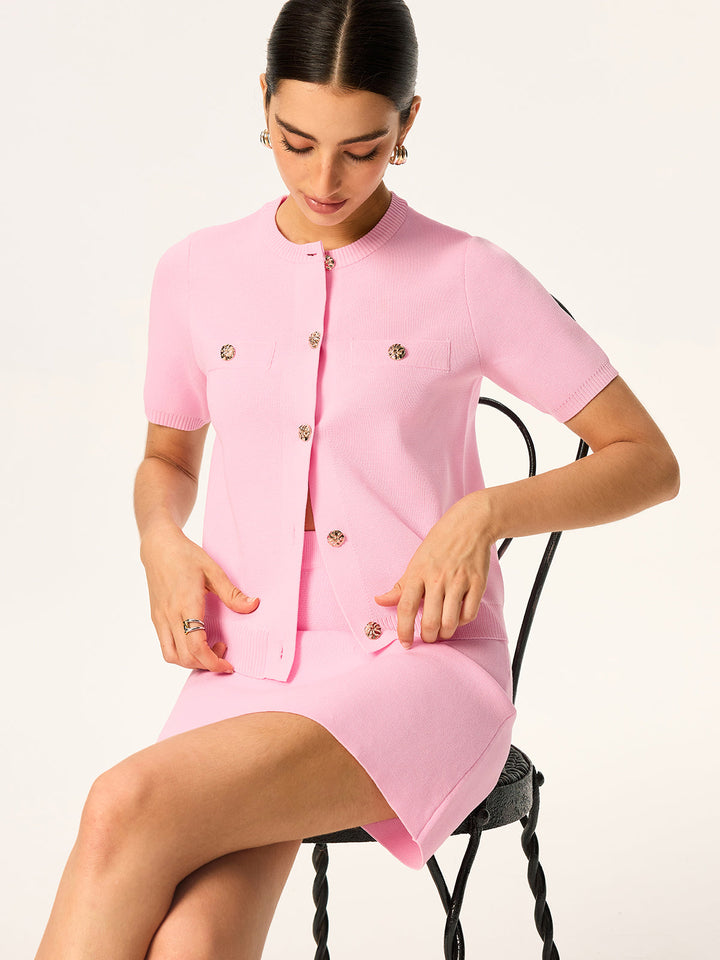 Knit Short-Sleeve Cardigan and Skirt Set  Liora Lane Boutique Sweater Co-ords