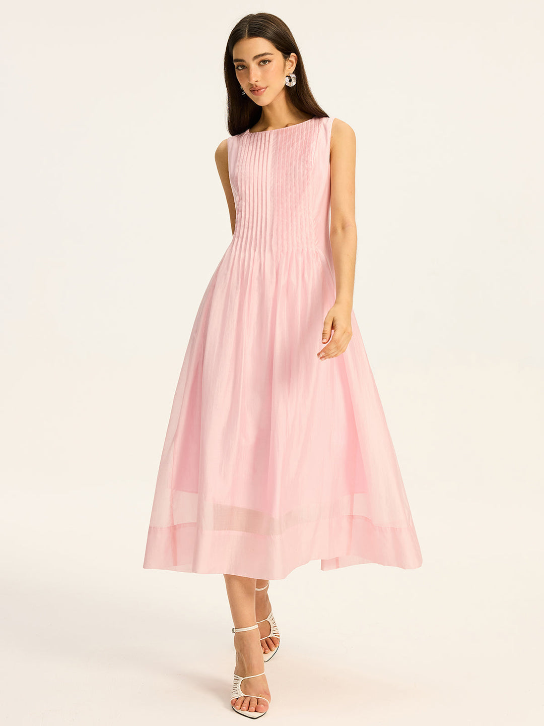 Semi-Sheer Tencel Pleated Sleeveless Midi Dress  Liora Lane Boutique Dresses Pink / XL 52.00