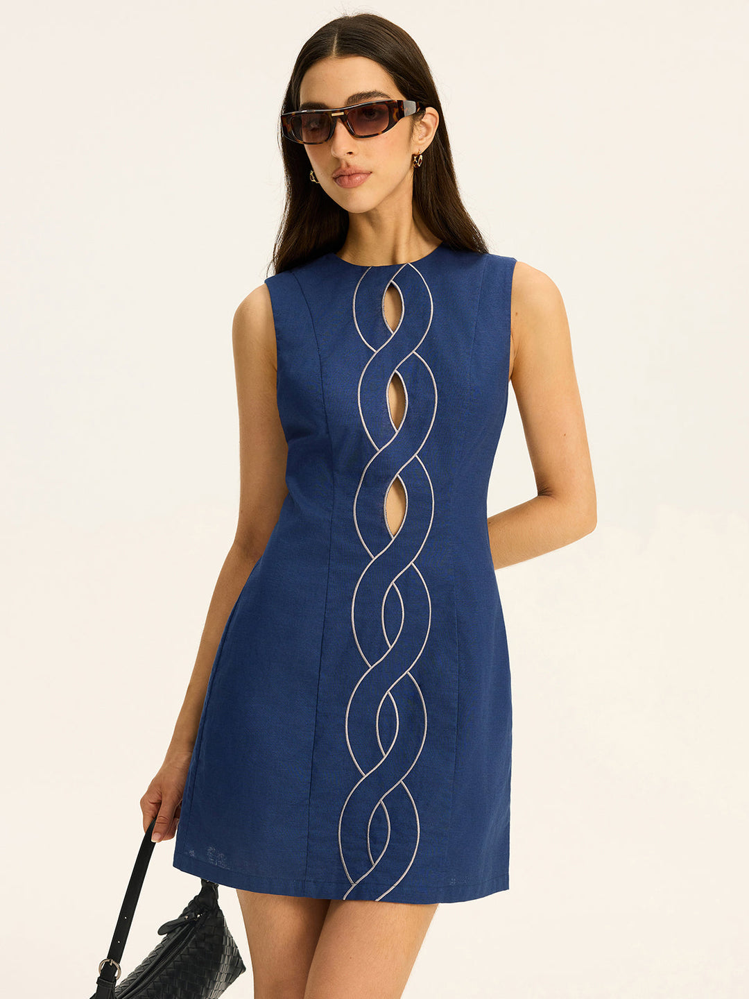 Linen & Cotton Cut-Out Contrast-Stitch Mini Dress  Liora Lane Boutique Dresses